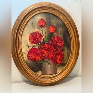 Vintage Original Oval Framed Oil Painting Signed By Artist Floral  Red Roses